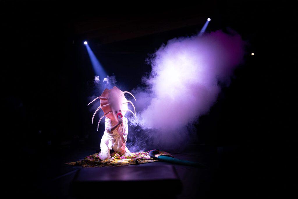 Eine Person kniet auf einer Bühne in dunkler Umgebung, beleuchtet von dramatischem Licht und Nebel. Sie trägt ein großes, fantasievolles Kopfkostüm in Form eines rosa Kopffüßers mit Tentakeln, das an einen Tintenfisch erinnert. Im Hintergrund ist dichter Bühnennebel in Lila und Weiß zu sehen.